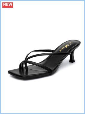 Strappy Kitten Heel Thong Sandals Square Toe Slip On Low Heels